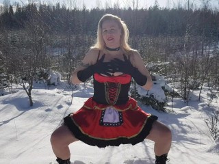 Little Red Riding Hood hopping out to pee in the snow when filming porn in the Finnish forest