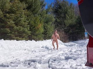 Naked at trail parking in the snow ALMOST CAUGHT!