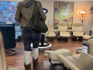 Flashing Tits & Ass and SUCKS Dick in PUBLC Furniture Store