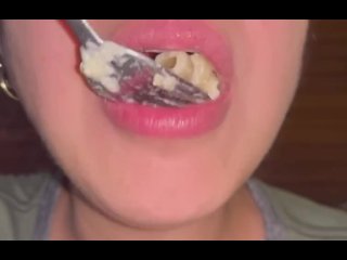 Giantess Goddess Pierina eats pasta and drinks soda with burps. ASMR and mouth fetish