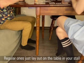 Unexpected blowjob under the table, lesbian went to jerk off in the toilet