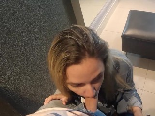 Blonde with beautiful eyes eats dick until the happy ending