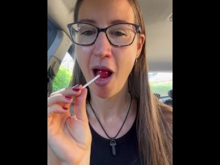 Pleasure Toy Queen masturbates in her car with her lollipop