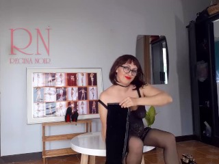 Black stockings and high heels. Depraved secretary in black bodysuit.