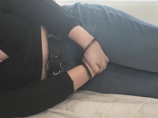 Cuffed Girl Desperately Wets Jeans on Bed (Omorashi)(Jeans Wetting)(Pee Pants)(Handcuffed Pee)