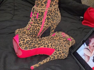 Cum all over Leopard Print High heel ankle boots!