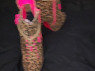 Cum all over Leopard Print High heel ankle boots!