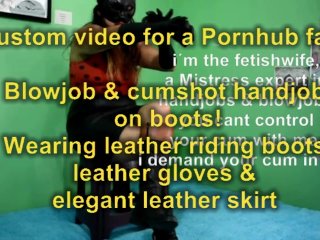 Blowjob & handjob cumshot on boots by Fetishwife in leather riding boots & leather gloves & skirt