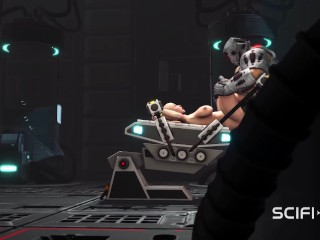 A sexy horny bald girl in cuffs gets fucked hard by a sex cyborg in the lab