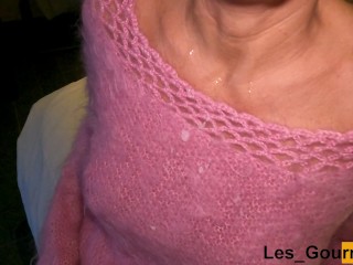 4K - Naked MILF with just a mohair wool sweater, jerks off a dick until she receives his cum on her