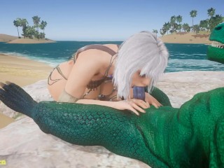 Ivy Valentine in the resort gives a blowjob to a lizard with two dicks Wild Life