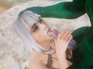 Ivy Valentine in the resort gives a blowjob to a lizard with two dicks Wild Life