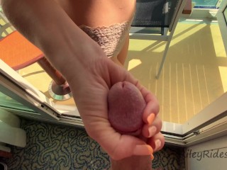 Beautiful view!! Risky public sex with hot MILF on the balcony of a cruise ship!! Dripping Creampie