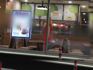 Public extreme. Naked at Burger King fast food. Jerking off in front of everyone