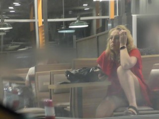 Public extreme. Naked at Burger King fast food. Jerking off in front of everyone