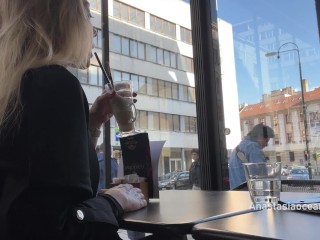 Flashing tits in cafe with glass walls so all people outside see me. Transparent t-shirt no bra.