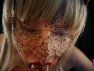 Passionate blonde with red lips makes unreal blowjob and handjob