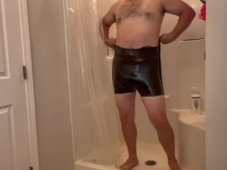 Plastic Bag Man Trying on Sexy Black Tight Pants