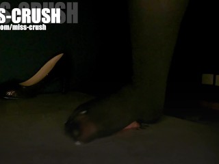 Cock crush under high heel and foot on pantyhose with cumshot