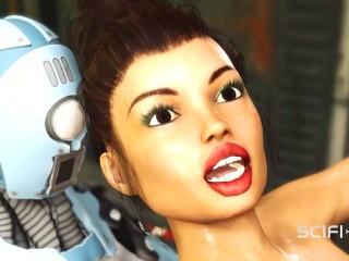 I just want your dick! Female robot shemale fucks a sexy cuffed busty brunette in the sci-fi lab