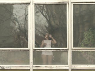 Jeny Smith teasing the strangers thru the window