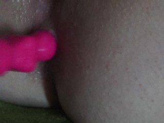 French girl with latexgloves squirts while anal playing with chain and pink butt plug