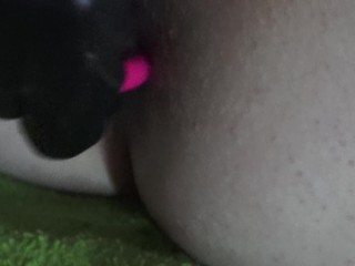 French girl with latexgloves squirts while anal playing with chain and pink butt plug