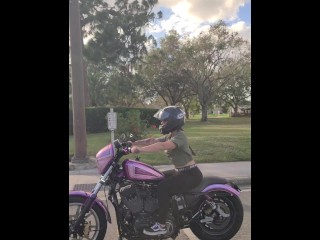 Bonnie public flashing while riding motorcycle