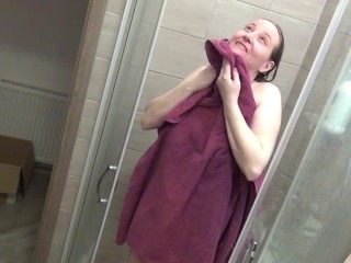Sad Shower ( Girl take a bath in bathroom, at home. Nude natural body, natural tits. )