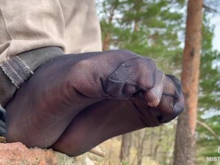 Jeans Feet Teasing At The Forest In Nylon Socks