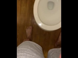 Barefoot pissing in public hotel restroom splashed on my feet and left it HUGE dick moaning relief