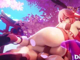 Yae Miko with her Thicc Fat Ass Rides Traveler Side-Cowgirl Position - Genshin Impact Hentai Porn