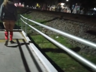 public sex in the city naked girl flashing wet pussy to voyeur passengers of the train and trucks