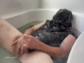 Plastic Bag Man in bath Faps with Bag on Head