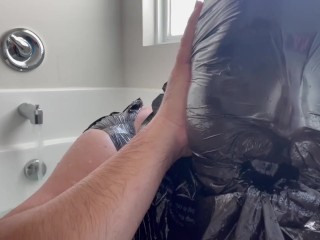 Plastic Bag Man in bath Faps with Bag on Head