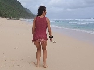 No Panties n Just BUTT PLUG on Ocean Beach