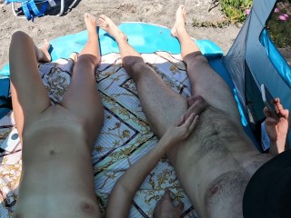 🔇 Jerking Off On The Public Nude 👙🔞Beach🏖️. People See Us. Some Came Closer For a Better View👀