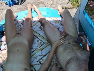 🔇 Jerking Off On The Public Nude 👙🔞Beach🏖️. People See Us. Some Came Closer For a Better View👀