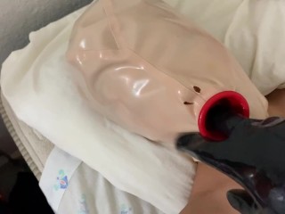 POV: fucking in the mouth a human rubber doll while she wears an inflatable buttplug