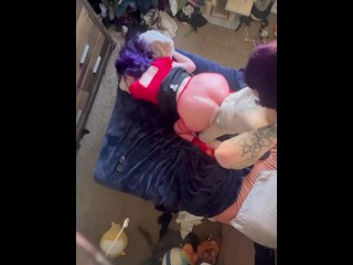 Purple Hair Princess worships big cock