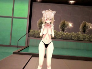 Okayu Nekomata Dancing Hentai Hololive Cat Girl Underwear Nekomimi MMD 3D Beige Hair