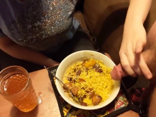 Cute slut eats cum on her food