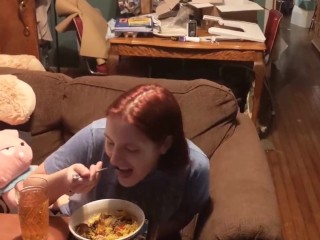 Cute slut eats cum on her food