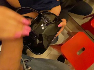 Teen w leather jacket empty my balls over latex handbag in Fitting room