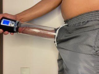 hot endowed man has reached the maximum size of his dick that no longer fits in his cock pump