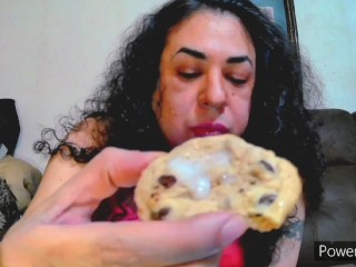 Tgirl Zoey cums on cookie eats it then cums again. (Sample vid)
