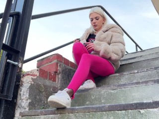 A pinky blondie teen is smoking and spitting loogies in your face POV