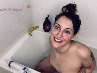 Jewish slut turns self into a messy sundae and stuffs holes with whipped cream and banana