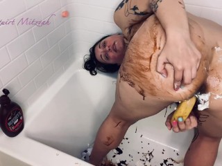 Jewish slut turns self into a messy sundae and stuffs holes with whipped cream and banana