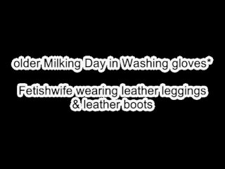 Fetishwife milking the slave cock in washing gloves glovejob & leather leggings & boots